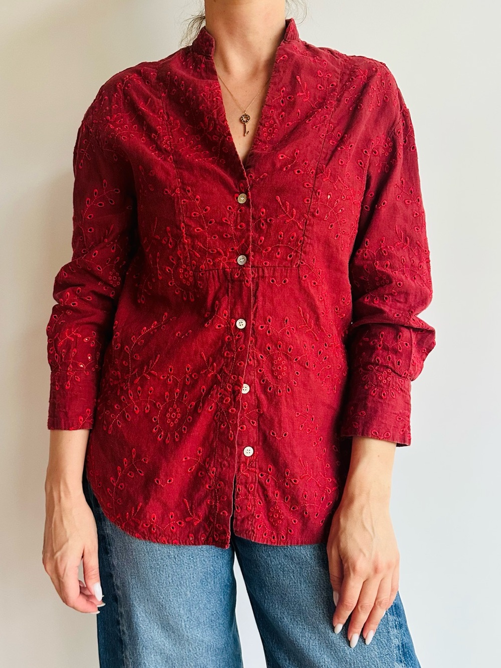 Zara Red Embroidered Linen Cotton Blend Boho Eyelet Button Down Shirt Blouse